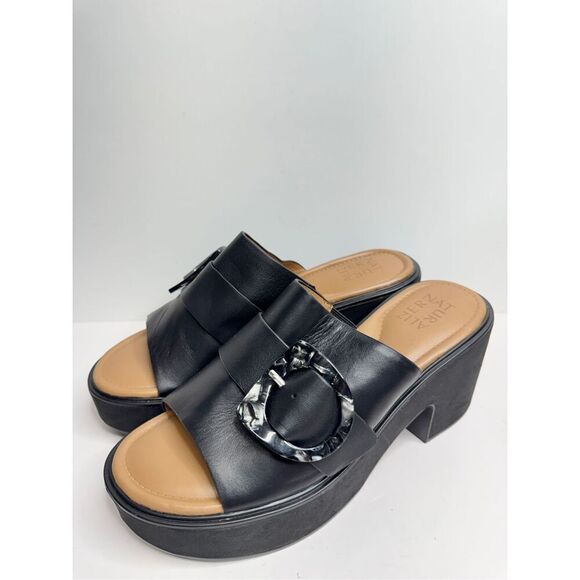 Naturalizer Platform Slide Sandal Size 9 Black Leather Block Heel Round Toe - Picture 2 of 8